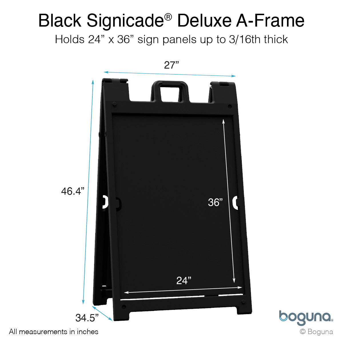 Boguna Black Signicade® Deluxe A-Frame — dimensions diagram showing 27″ width, 46.4″ height, and 24×36 insert area (fits panels up to 3/16″ thick)