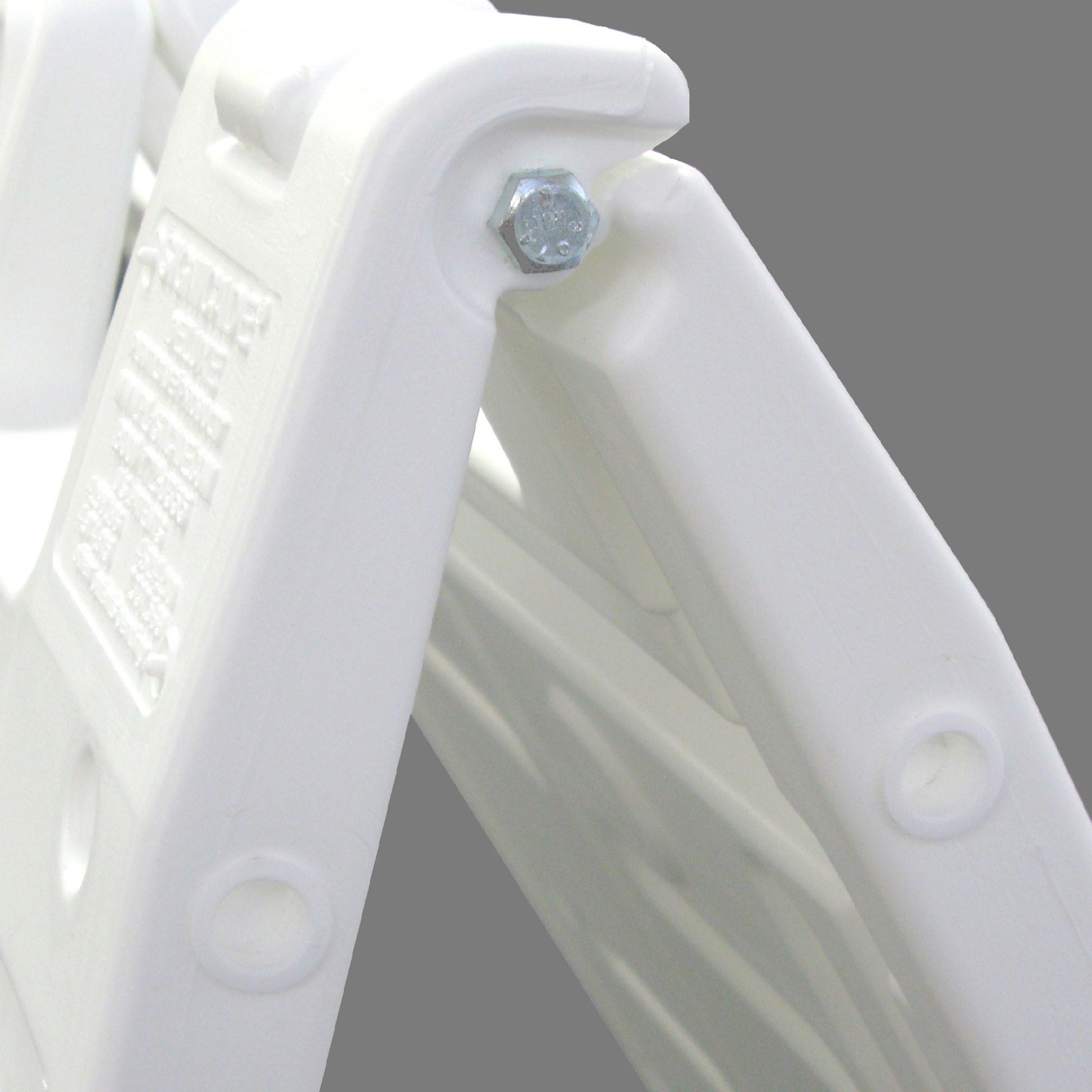 Close-up view of Boguna 24×36 White Plastic A-Frame Sign Stand hinge and bolt connection — durable molded construction