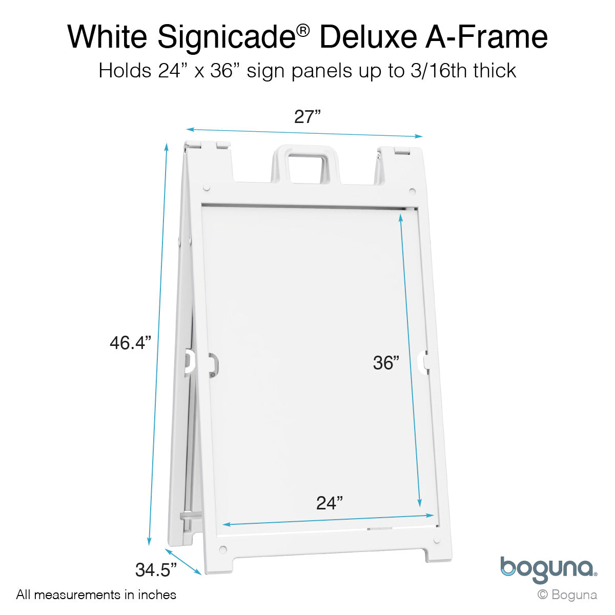 Boguna White Signicade® Deluxe A-Frame — dimensions diagram showing 27″ width, 46.4″ height, and 24×36 insert area (fits panels up to 3/16″ thick)