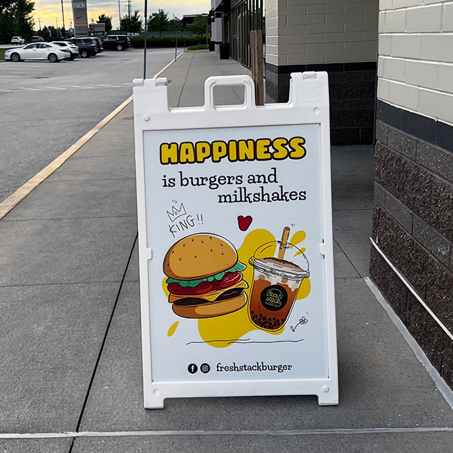 Boguna 24×36 White Plastic A-Frame Sign Stand with Retail Insert Example – Burgers & Milkshakes