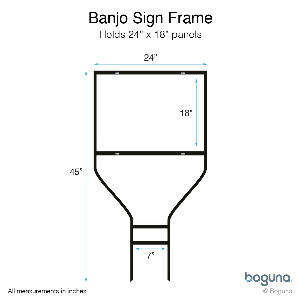 Boguna Banjo Sign Frame – 24×18 panel holder dimensions diagram showing 45-inch height and 7-inch leg spacing