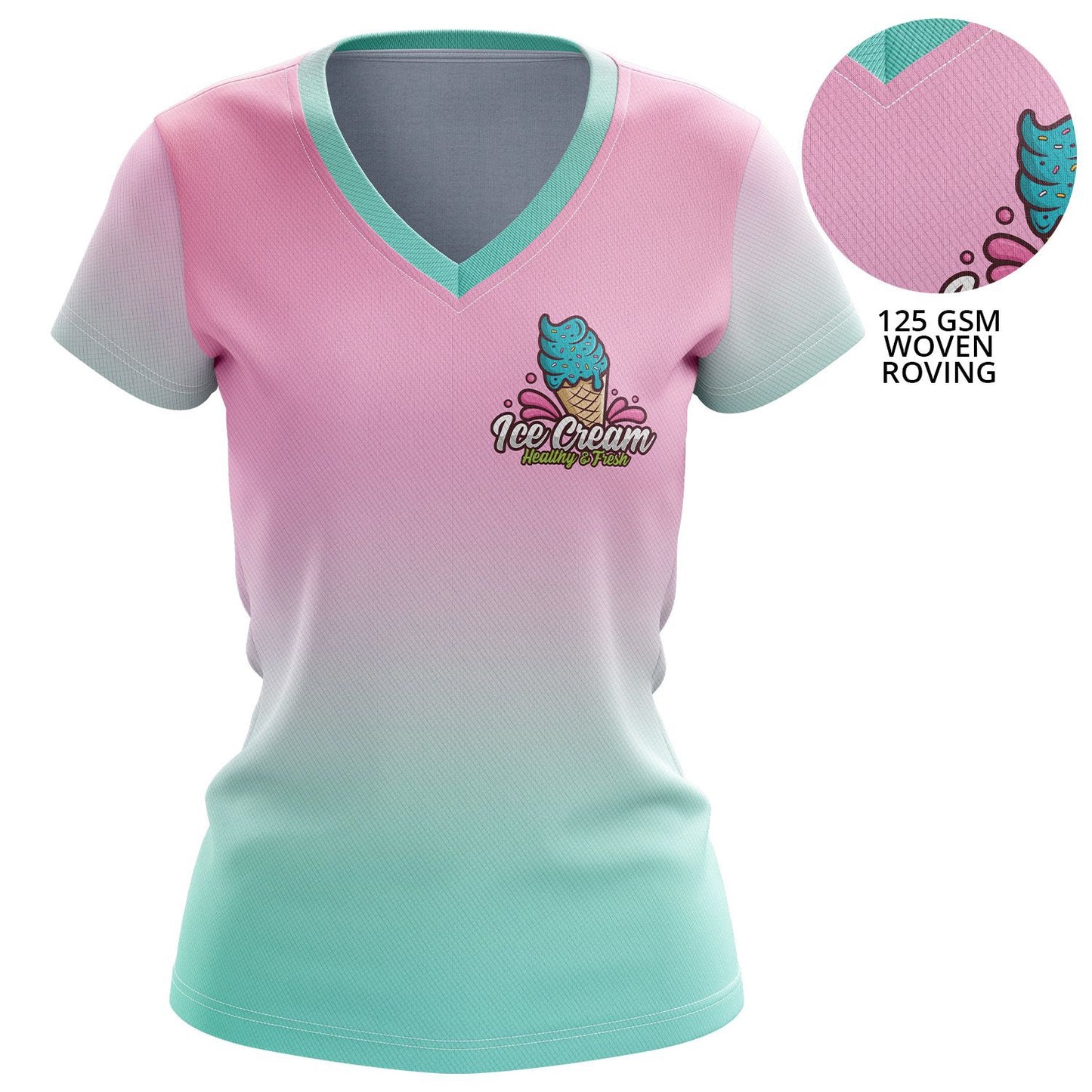 Fully custom dye-sublimated t-shirt with pink-to-mint gradient design printed all over on 125 GSM woven roving fabric.