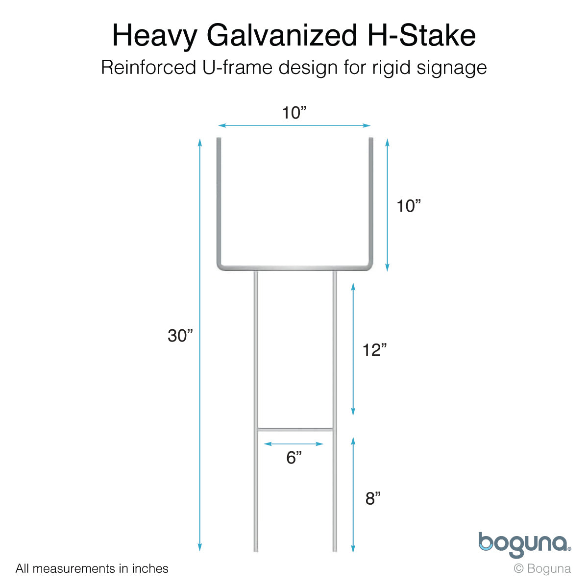 Boguna Heavy Galvanized H-Stake 30-inch – dimensions diagram showing 10-inch top width and 6-inch support crossbar