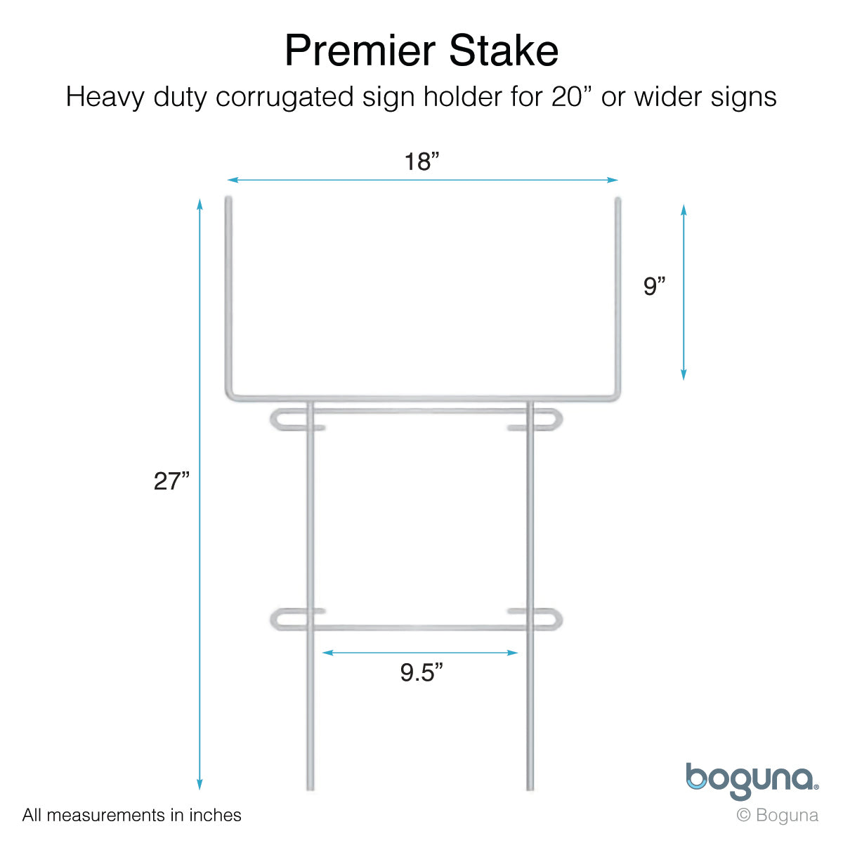 Boguna Premier Stake 27-inch – dimensions diagram showing 18-inch top width, 9-inch insert height, and dual support loops