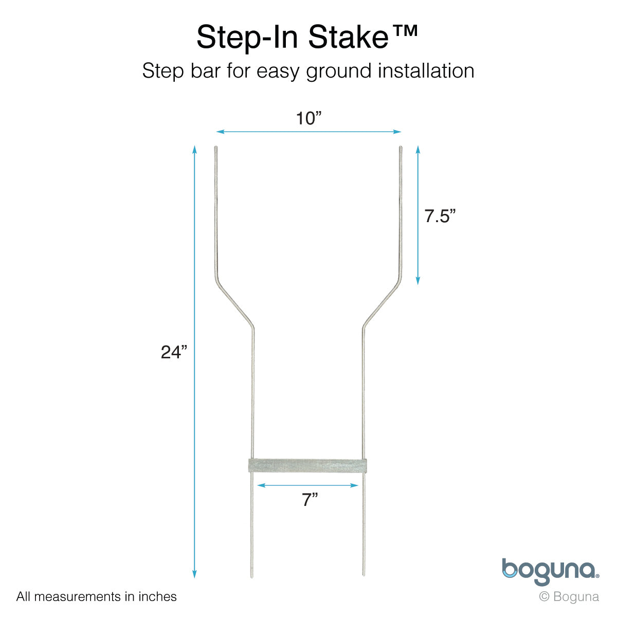 Boguna Step-In Stake 24-inch – dimensions diagram showing 10-inch top width and 7-inch step bar for easy installation