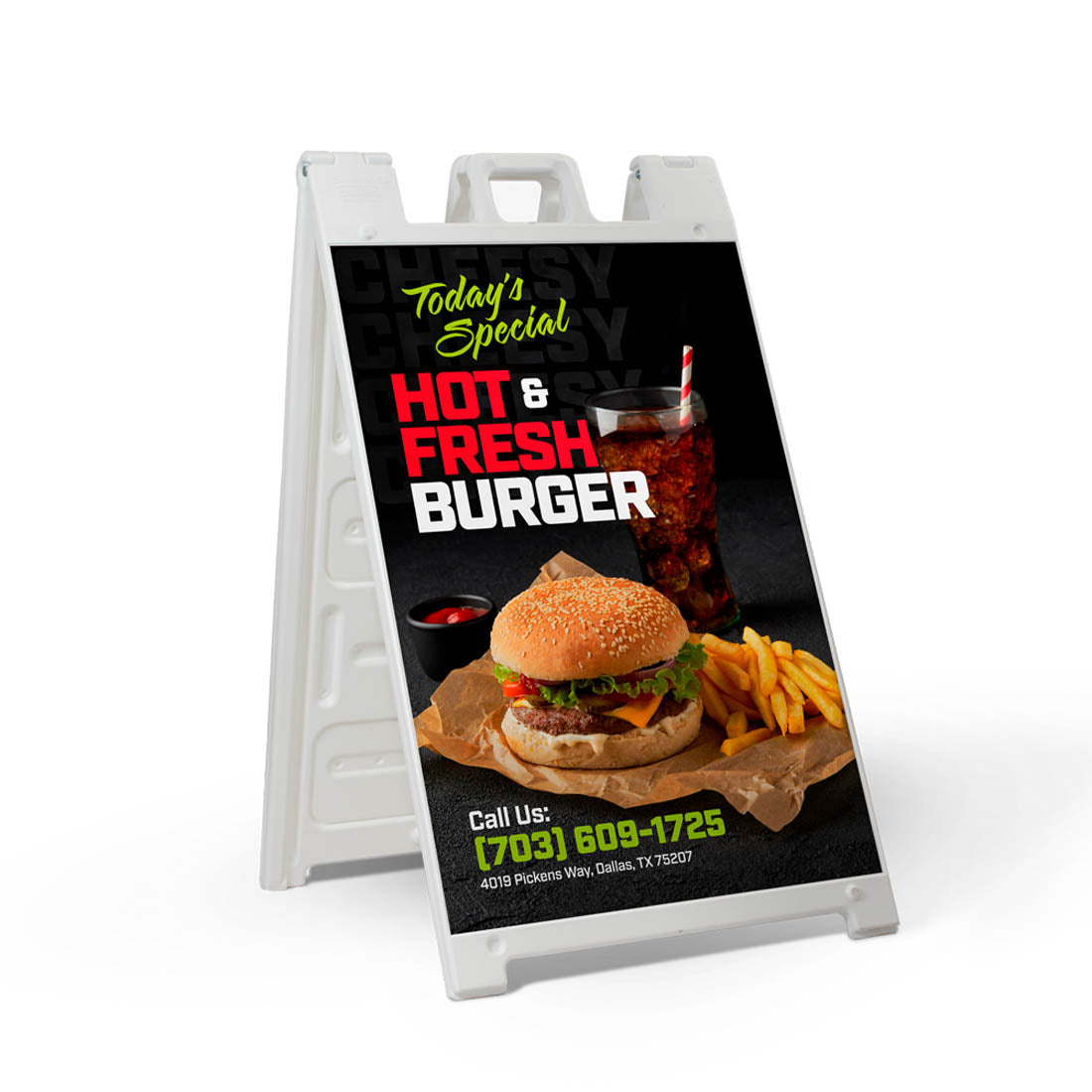 A-frame sidewalk sign advertising hot and fresh burger meal with fries and drink