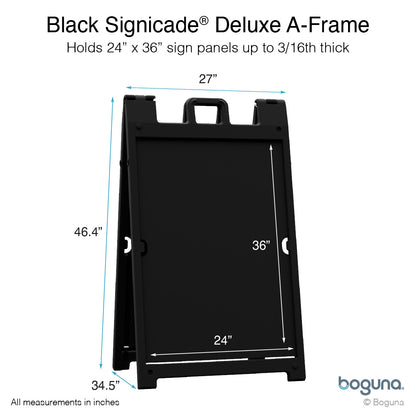 Boguna Black Signicade® Deluxe A-Frame — dimensions diagram showing 27″ width, 46.4″ height, and 24×36 insert area (fits panels up to 3/16″ thick)
