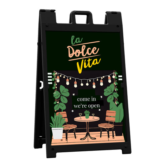 Boguna 24×36 Black Plastic A-Frame Sign Stand with “La Dolce Vita” Insert Example