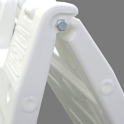 Close-up view of Boguna 24×36 White Plastic A-Frame Sign Stand hinge and bolt connection — durable molded construction