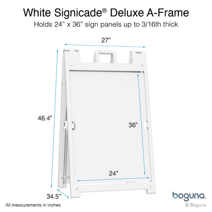 Boguna White Signicade® Deluxe A-Frame — dimensions diagram showing 27″ width, 46.4″ height, and 24×36 insert area (fits panels up to 3/16″ thick)