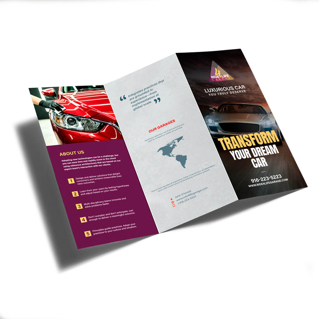 Tri-fold automotive brochure promoting luxury car services with Transform Your Dream Car headline