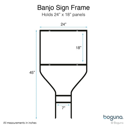 Boguna Banjo Sign Frame – 24×18 panel holder dimensions diagram showing 45-inch height and 7-inch leg spacing