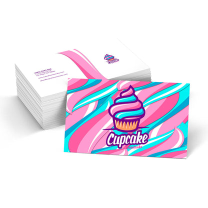 Cupcake shop business cards with colorful swirl background and cupcake logo
