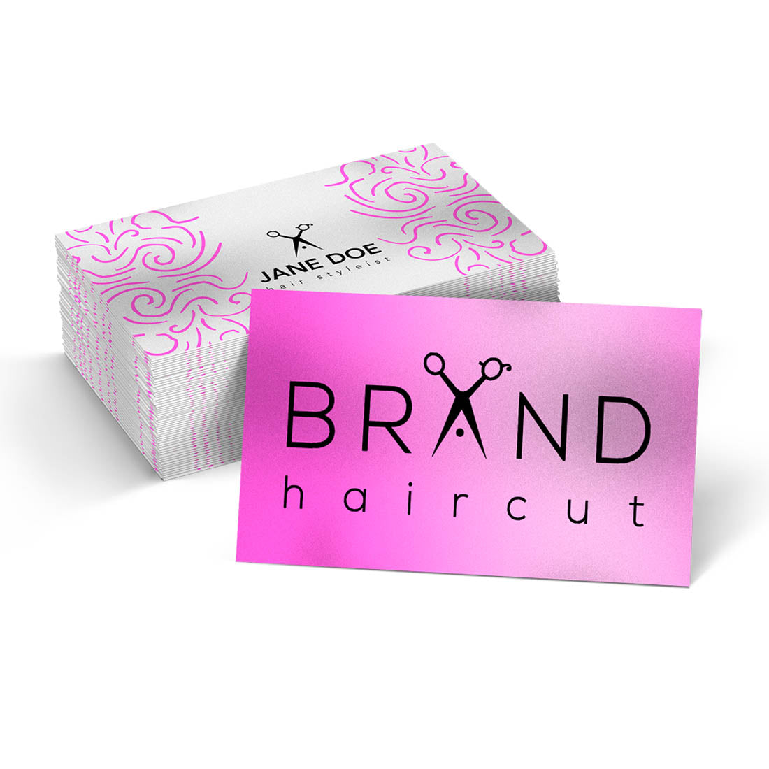 Hair stylist business cards with pink gradient design and scissor icon branding