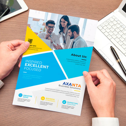 Axanta Business Solutions flyer featuring team meeting photo and modern blue geometric layout
