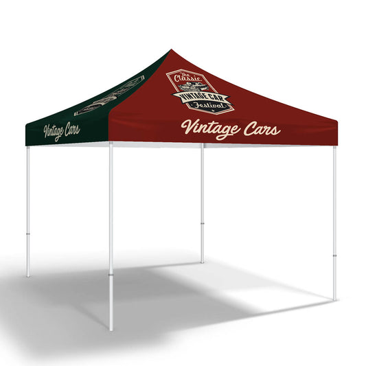 Custom printed pop-up tent canopy with vintage car festival branding in red and green