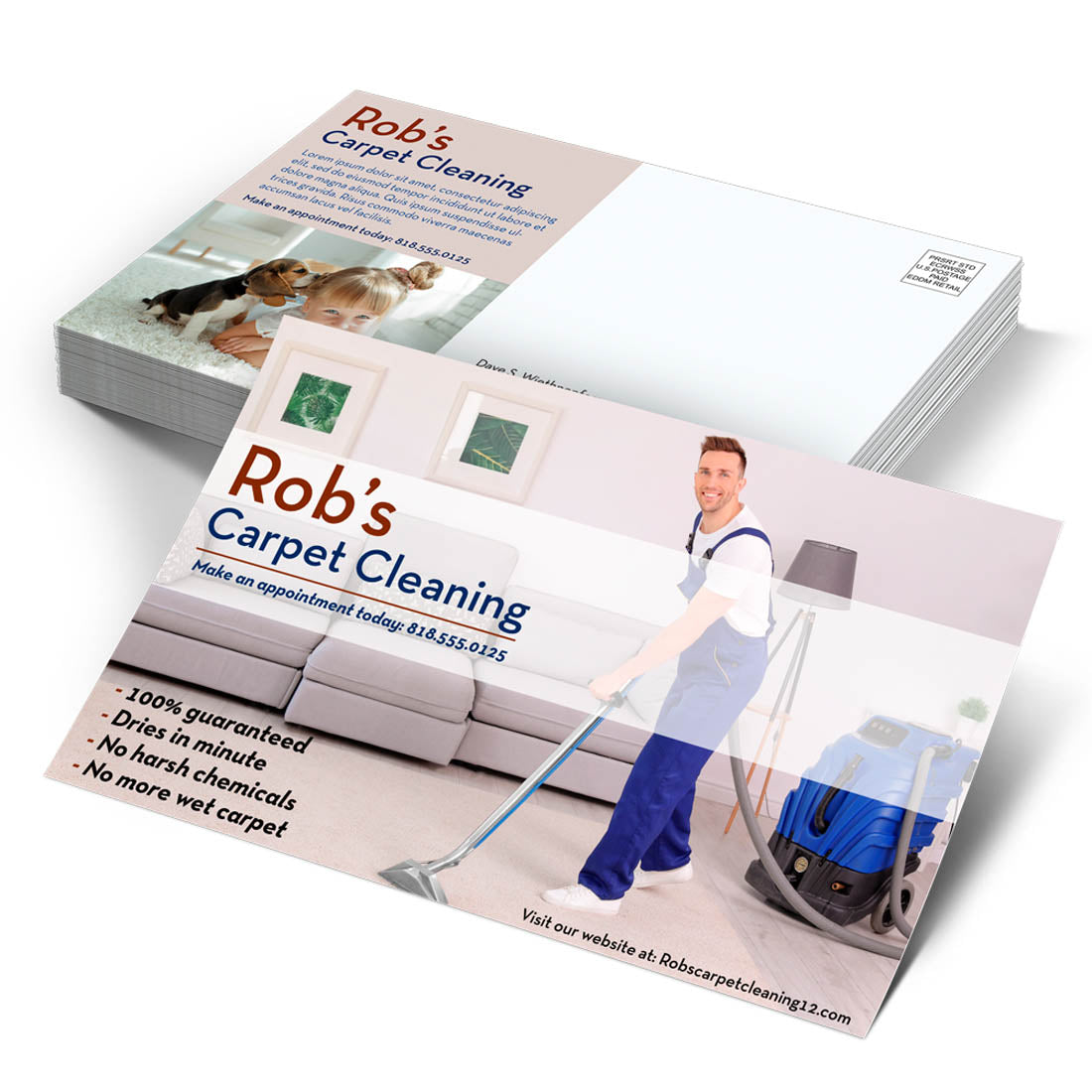 Direct mail postcard for carpet cleaning service featuring technician and pet-friendly imagery