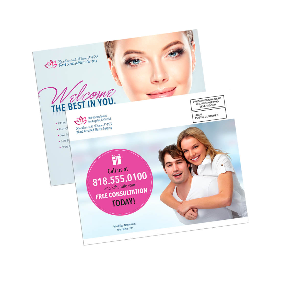 Direct mail postcard for plastic surgery clinic featuring smiling couple and beauty-focused imagery