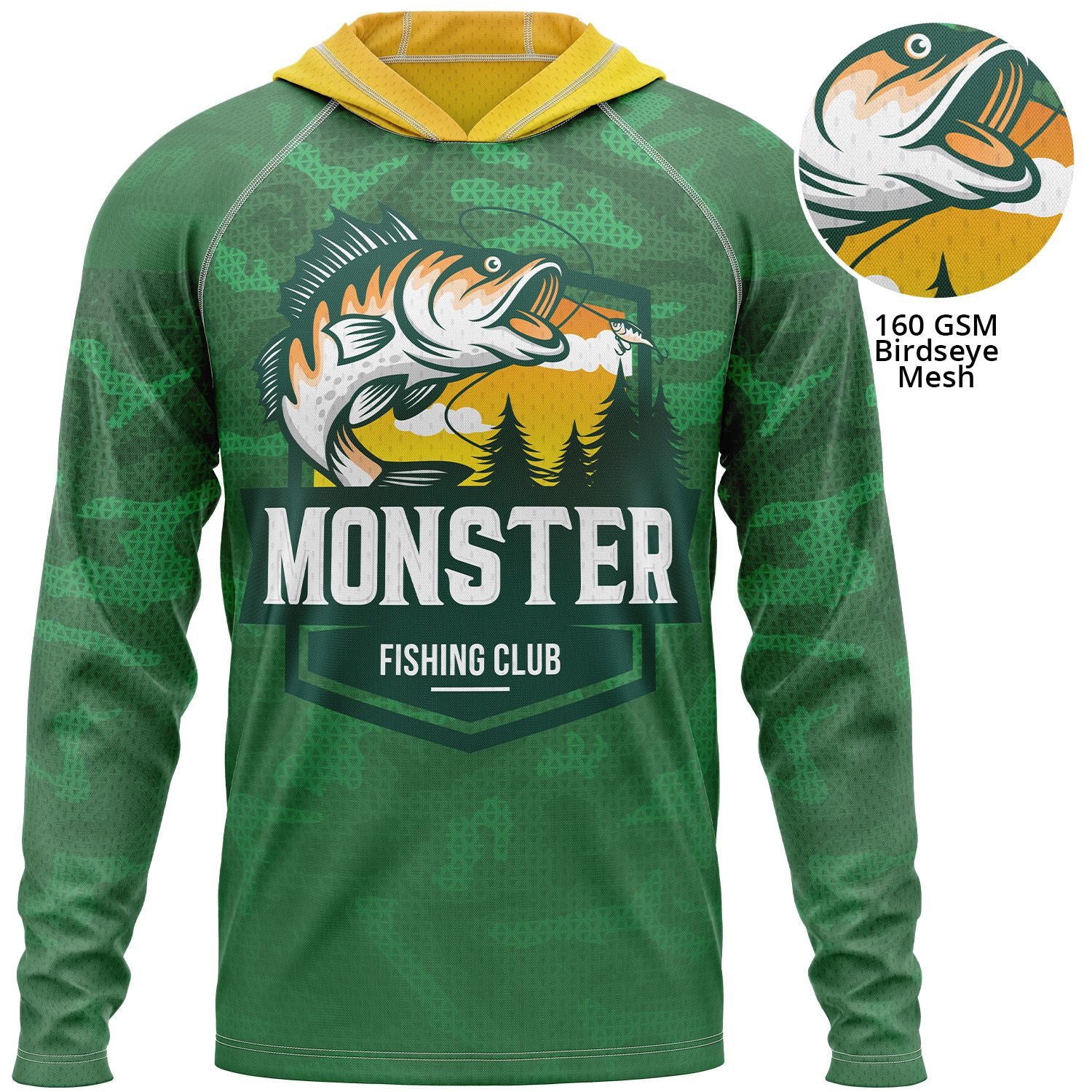 Fully custom green fishing hoodie on 160 GSM birdseye mesh.