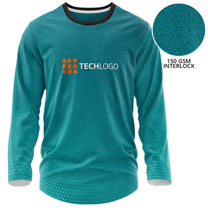 Fully custom dye-sublimated long-sleeve tech shirt with teal micro-dot pattern and contrasting black collar, printed all over on 150 GSM interlock fabric.