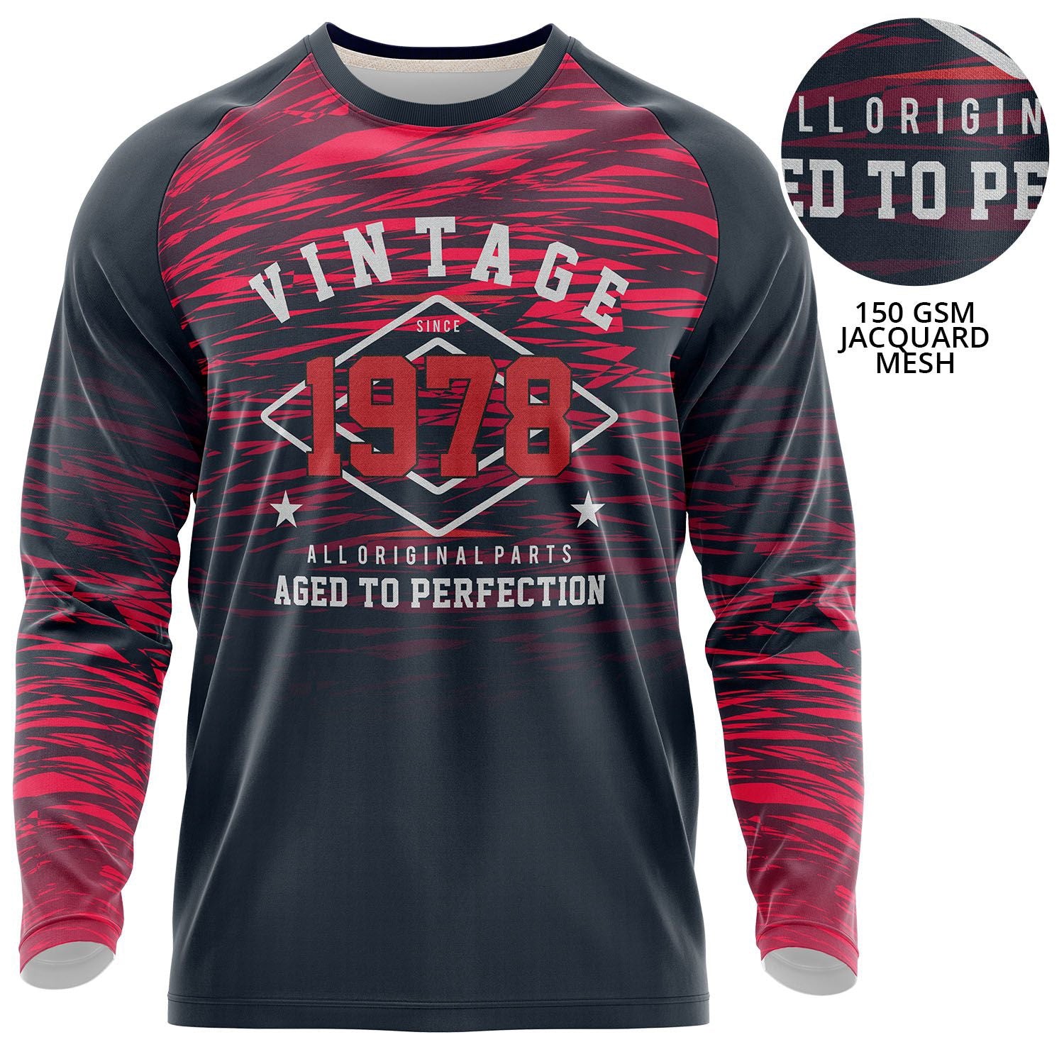 Fully custom dye-sublimated long-sleeve shirt with vintage 1978 typography and red streak texture, printed all over on 150 GSM jacquard mesh.