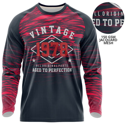 Fully custom dye-sublimated long-sleeve shirt with vintage 1978 typography and red streak texture, printed all over on 150 GSM jacquard mesh.