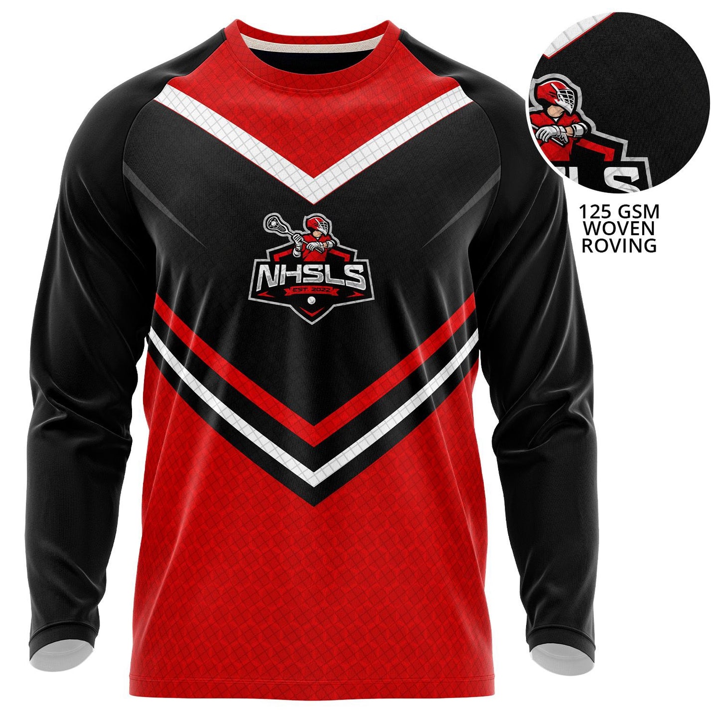 Fully custom dye-sublimated long-sleeve sports shirt with red and black chevron design, printed all over on 125 GSM woven roving fabric.