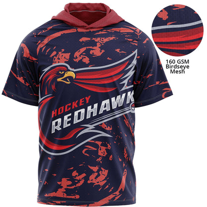 Fully custom hockey short-sleeve hooded jersey on 160 GSM birdseye mesh.