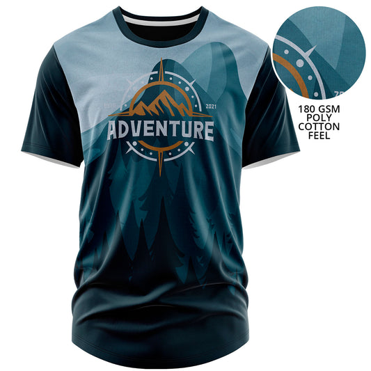 Fully custom dye-sublimated t-shirt with mountain adventure artwork on 180 GSM poly-cotton feel fabric.