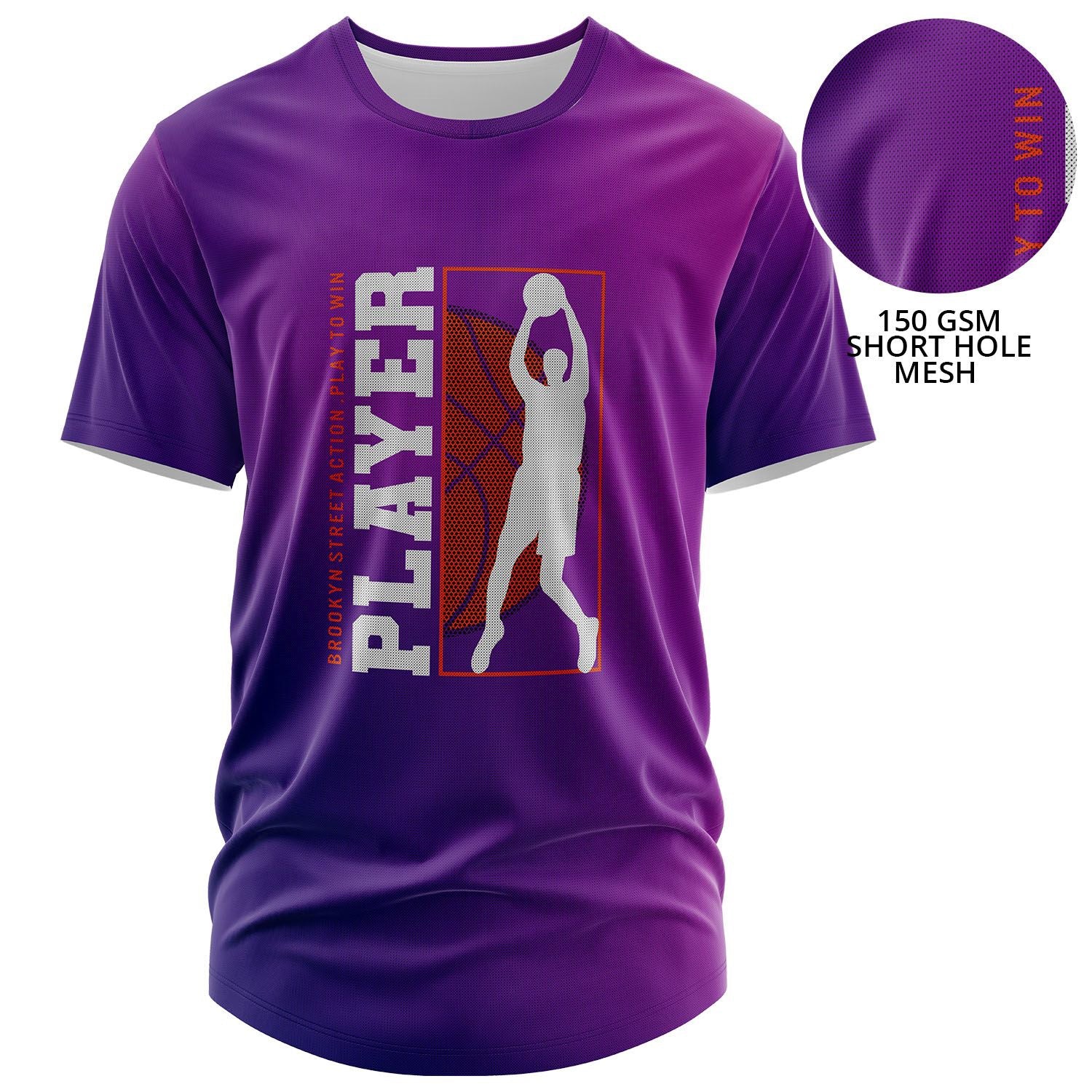 Fully custom dye-sublimated t-shirt with purple basketball graphic printed all over on 150 GSM short-hole mesh fabric.