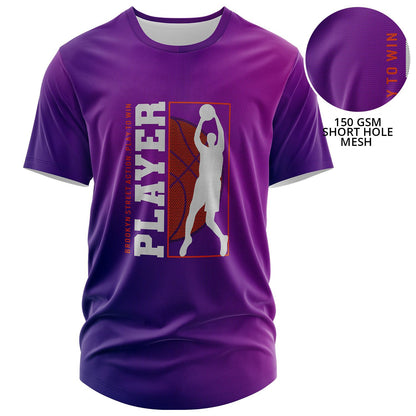 Fully custom dye-sublimated t-shirt with purple basketball graphic printed all over on 150 GSM short-hole mesh fabric.