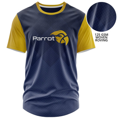 Fully custom dye-sublimated athletic t-shirt with navy and yellow panel design on 125 GSM woven roving fabric.