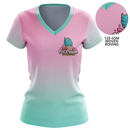 Fully custom dye-sublimated t-shirt with pink-to-mint gradient design printed all over on 125 GSM woven roving fabric.