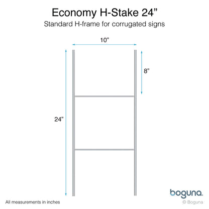 Boguna Economy H-Stake 24-inch – dimensions diagram showing 10-inch width and 8-inch top spacing for standard yard signs