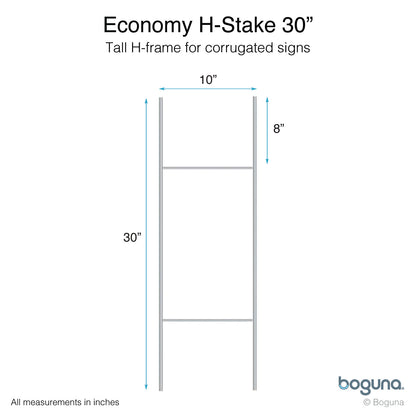 Boguna Economy H-Stake 30-inch – dimensions diagram showing 10-inch width and 8-inch top spacing for taller yard signs