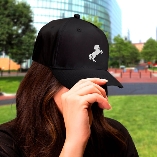Black embroidered baseball cap featuring a rearing horse logo