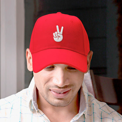 Red embroidered baseball cap with peace hand sign logo