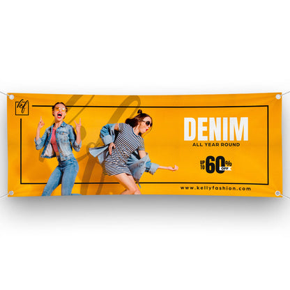 Bright yellow fashion banner promoting denim sale with models posing in trendy outfits