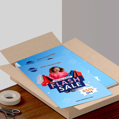 Box filled with Flash Sale flyers promoting new product collection and 45% discount