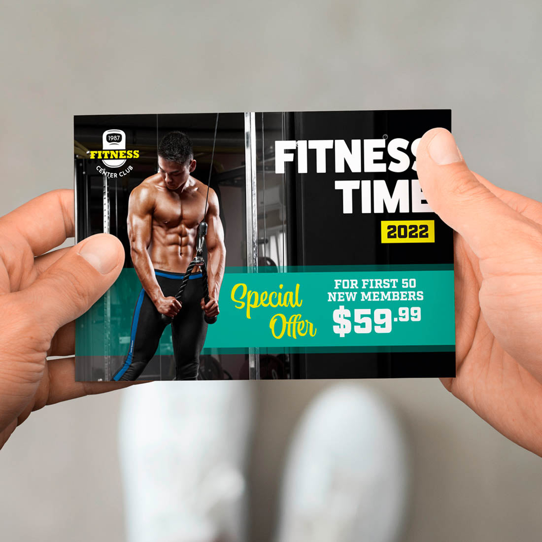 Fitness promotion flyer featuring muscular athlete and special offer for new gym members