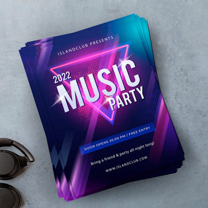Stack of Music Party flyers with neon lights and 2022 event branding
