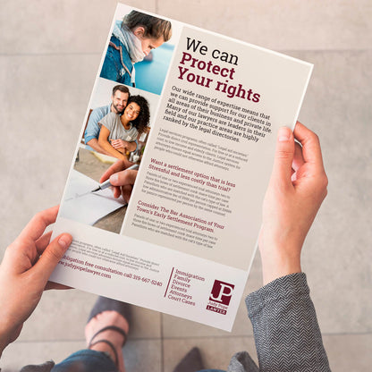 Legal services flyer promoting client rights protection with supportive imagery