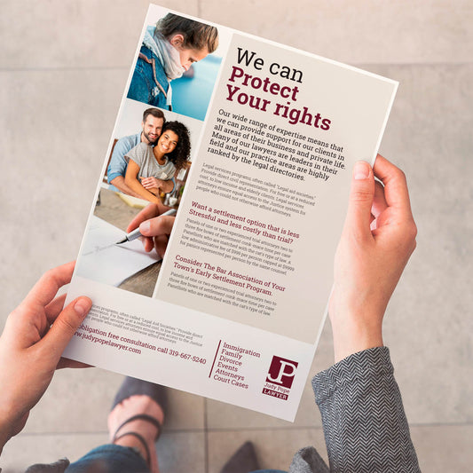 Legal services flyer promoting client rights protection with supportive imagery