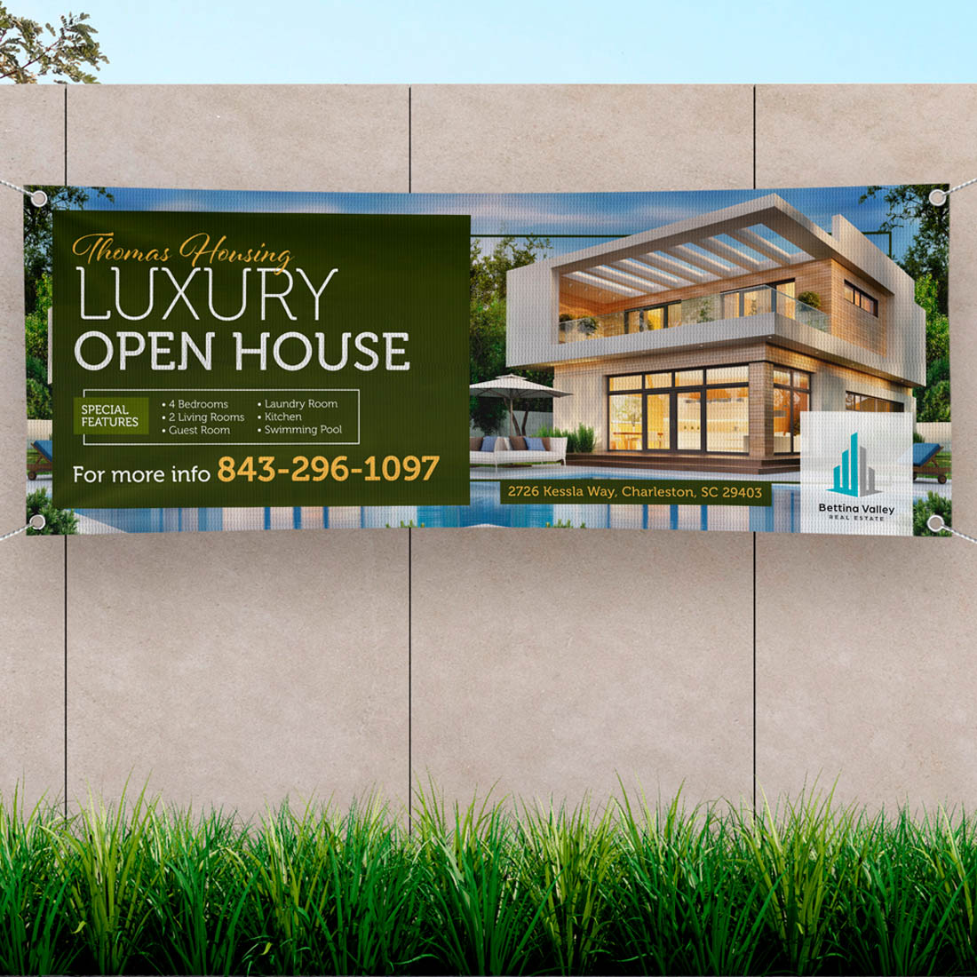 Luxury real estate open house banner showcasing modern home exterior and event details