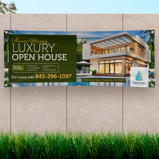 Luxury real estate open house banner showcasing modern home exterior and event details