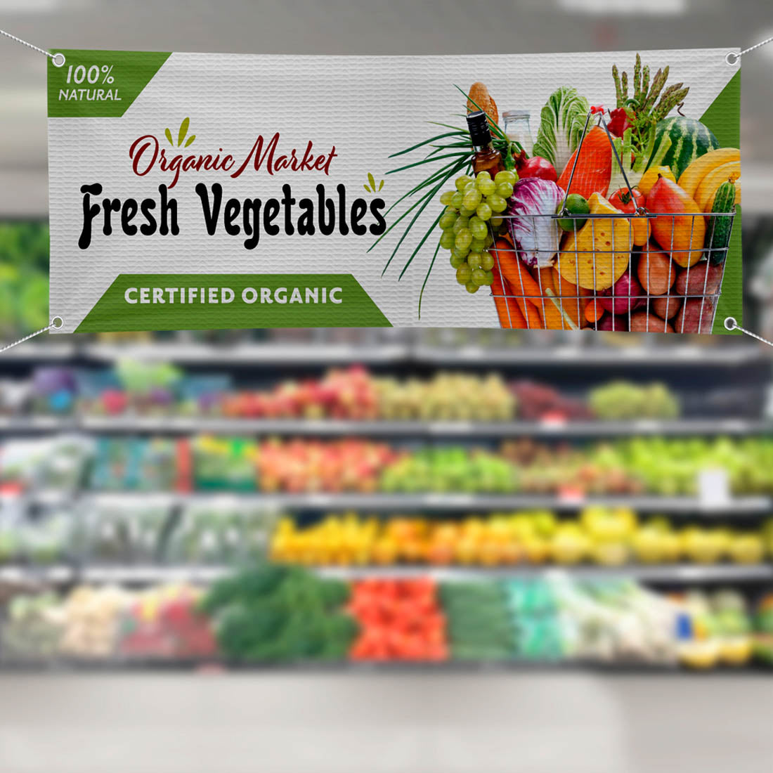 Grocery store banner advertising certified organic fresh vegetables with colorful produce image