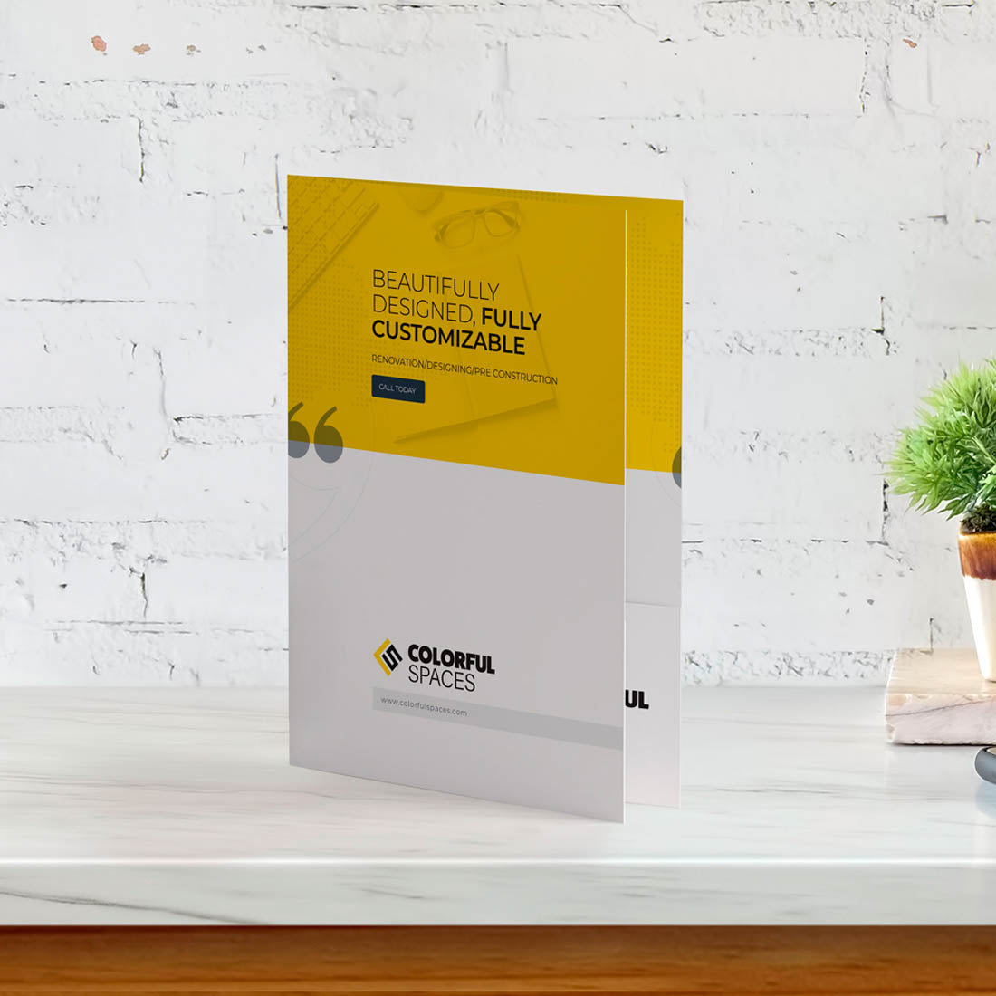 Custom presentation folder mockup featuring a modern yellow and white corporate design
