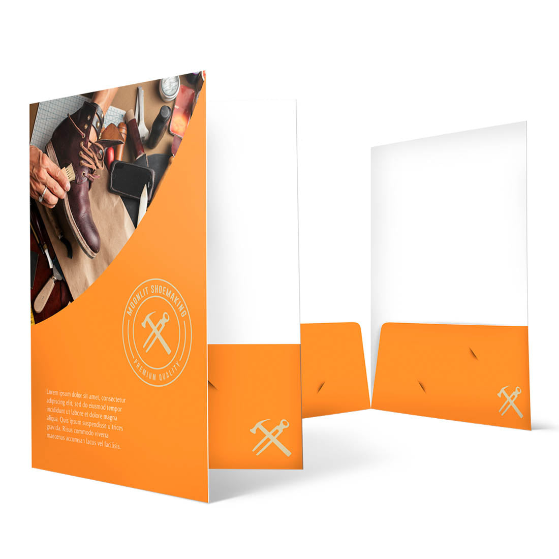 Orange presentation folder with shoemaking imagery and premium craftsmanship emblem