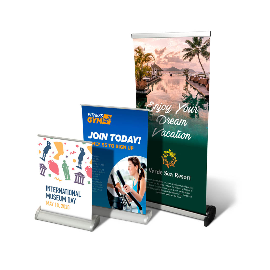 Assorted retractable banners for gym promotion, museum event, and resort travel advertising