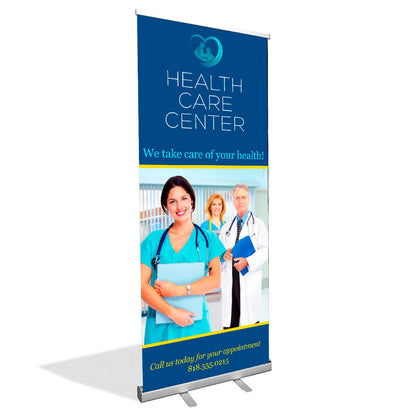 Healthcare retractable banner featuring medical staff and clinic appointment message
